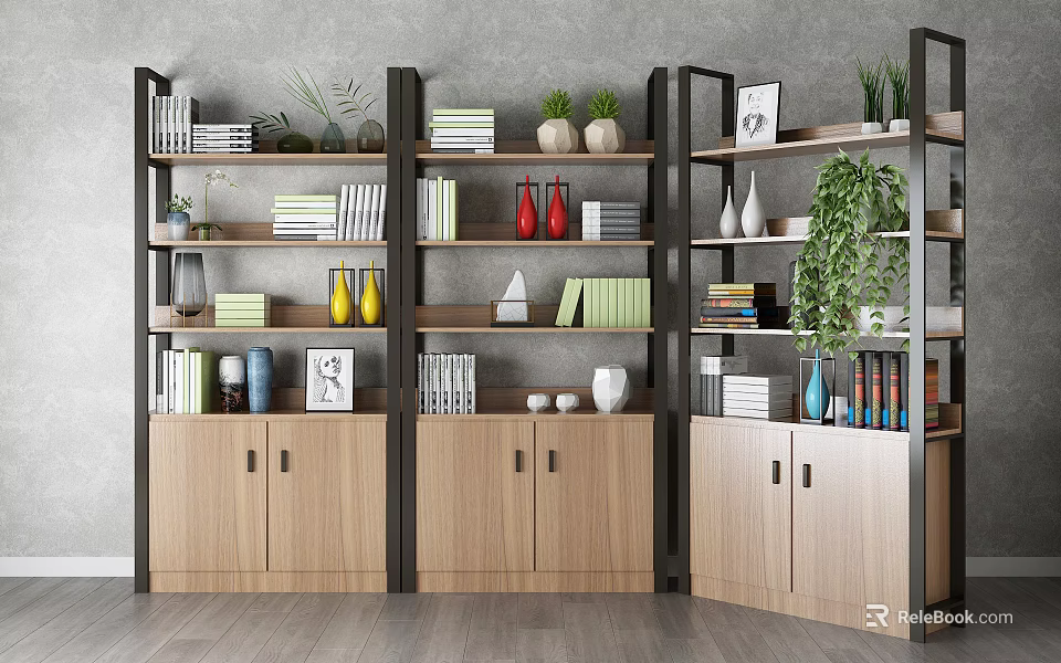 Modern Shelving Units with Wooden Cabinets Open Shelves Displaying Books Vases Green Plants Photo Frames 3d model 
