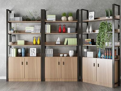 Modern Shelving Units with Wooden Cabinets Open Shelves Displaying Books Vases Green Plants Photo Frames 3d model
