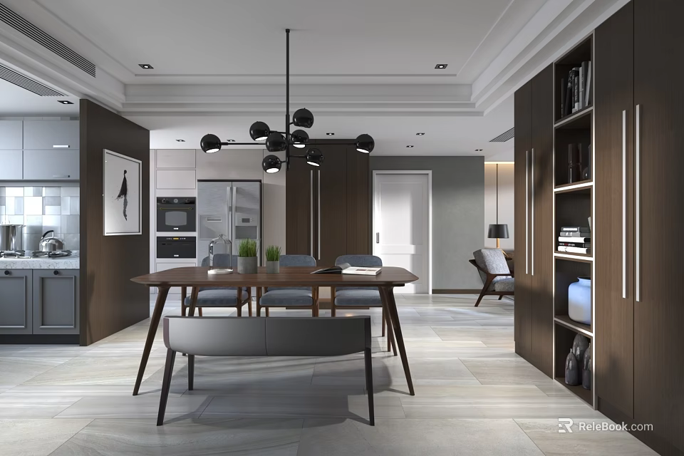 Modern Restaurant Interior With Dining Table Chairs Chandelier Open Kitchen And Bookshelves 3d model 