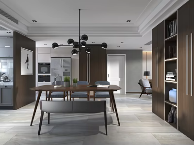 Modern Restaurant Interior With Dining Table Chairs Chandelier Open Kitchen And Bookshelves 3d model