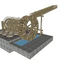 Garden Ornament Featuring Wooden Water Wheel Gears And Stone Base With Water Flow