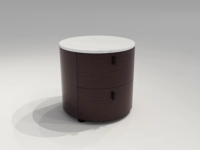 Modern Round Nightstand With White Top Dark Brown Body Two Drawers And Black Handles 3d model
