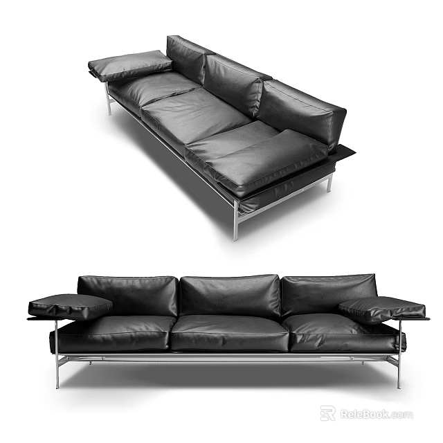 Modern Black Leather Sofa Set with Sleek Metal Frame Design 3d model