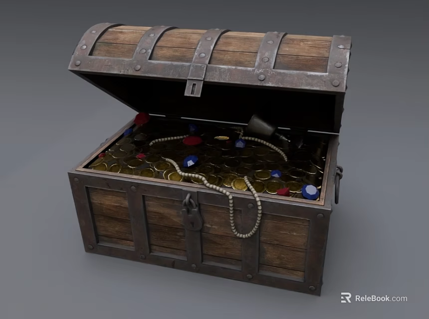 Open Wooden Treasure Chest With Metal Bands Filled Gold Coins Colorful Gems 3d model 