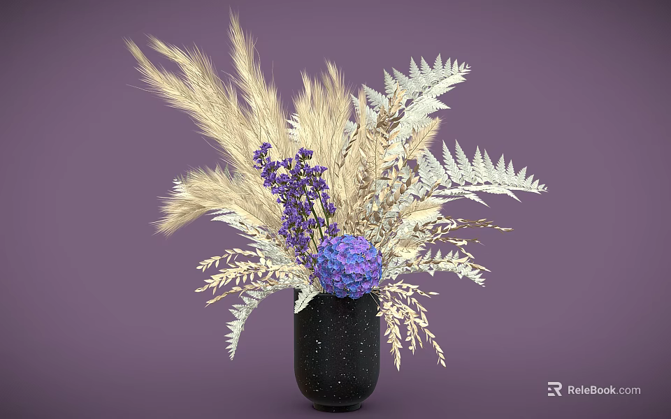 Black Vase With Purple Hydrangea Lavender Dried Wheat And Silver Fern Leaves 3d model 