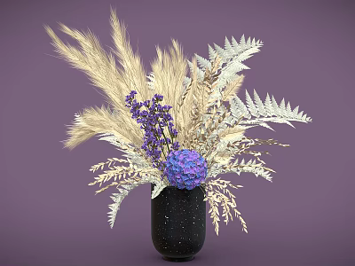 Black Vase With Purple Hydrangea Lavender Dried Wheat And Silver Fern Leaves 3d model