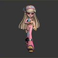 3D Animated Game Movie Character With Pink Blue Outfit Headband Long Hair Running Pose