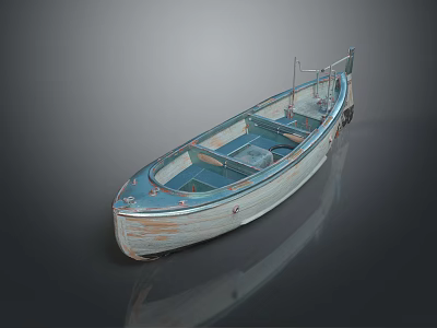 Vintage Old Wooden Boat With Blue Details And Reflection On Gray Background 3d model