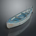 Vintage Old Wooden Boat With Blue Details And Reflection On Gray Background
