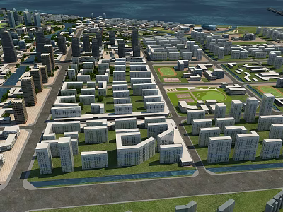 Birds Eye View Urban Planning Showcasing City Layout Buildings Streets Green Spaces and Waterfront 3d model