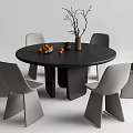 Round Black Dining Table Set With Six Gray Chairs Vase Branches And Oranges 3d model