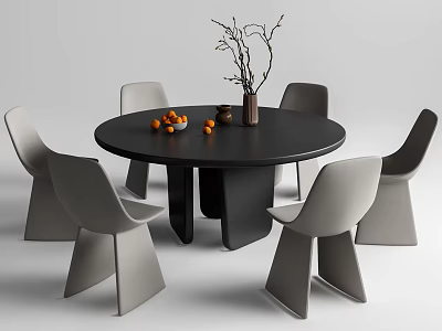 Round Black Dining Table Set With Six Gray Chairs Vase Branches And Oranges 3d model