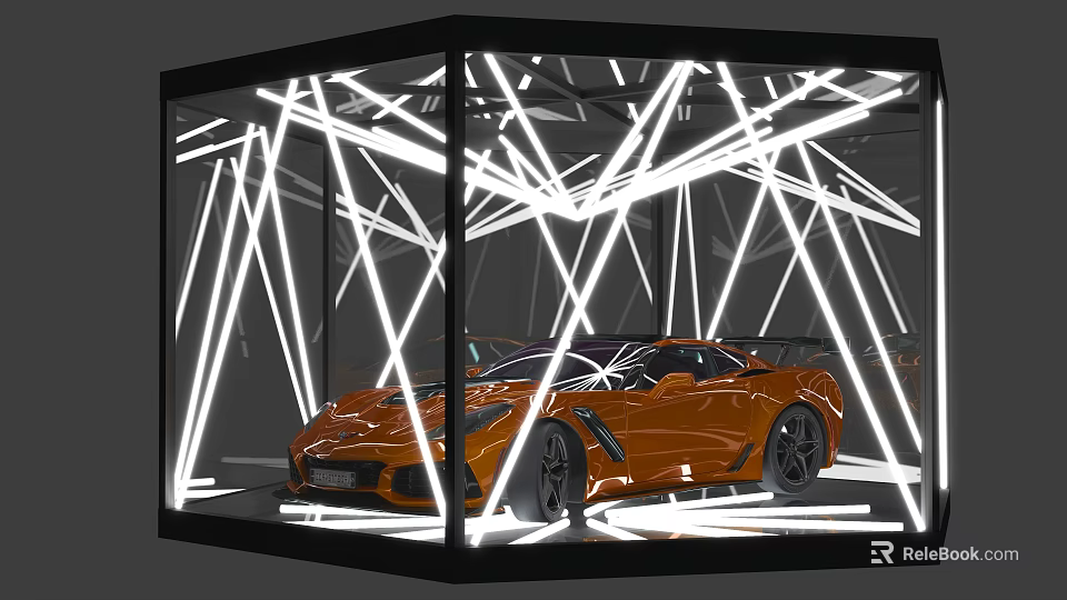 Display Cabinet Shelf With Black Frame White Lines And Orange Sports Car 3d model 