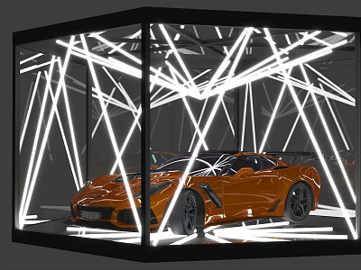 Display Cabinet Shelf With Black Frame White Lines And Orange Sports Car 3d model