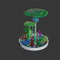 Cartoon Scene Featuring Large And Small Mushrooms With Surrounding Plants On Circular Base