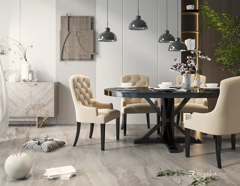 Dining Table Set With Tufted Beige Chairs Black Legs And Pendant Lights In Light Room 3d model 