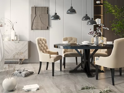 Dining Table Set With Tufted Beige Chairs Black Legs And Pendant Lights In Light Room 3d model