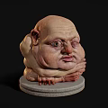 Fantasy Creature Sculpture with Large Head Wrinkled Face and Clawed Hands on Stone Base