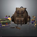 Durable Brown Leather Backpack With Metal Buckles Books Knife And Bottles
