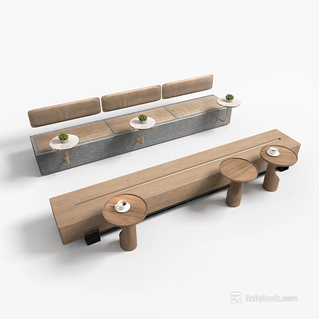 Modern Wooden Stools With Long Bench And Small Round Tables With Green Plants 3d model 