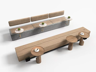 Modern Wooden Stools With Long Bench And Small Round Tables With Green Plants 3d model
