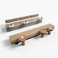 Modern Wooden Stools With Long Bench And Small Round Tables With Green Plants