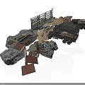 Modern Military Tactical Scene With Rocky Terrain Wooden Planks Trucks And Sand Mounds