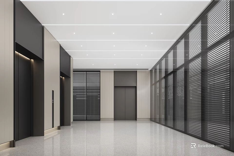 Modern Elevator Lobby Interior Design With Black Doors Slatted Walls Recessed Lights And Terrazzo Floor 3d model 