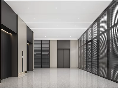 Modern Elevator Lobby Interior Design With Black Doors Slatted Walls Recessed Lights And Terrazzo Floor 3d model