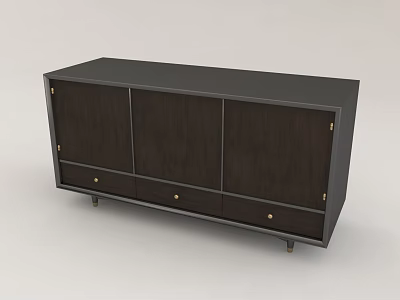 Dark Wooden Console Cabinet With Multiple Doors Drawers And Golden Metal Accents 3d model