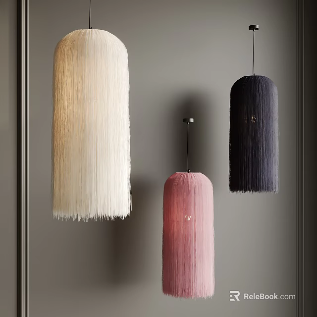 Stylish Fringed Pendant Lights White Pink And Dark Purple Against Gray Wall Interior 3d model 