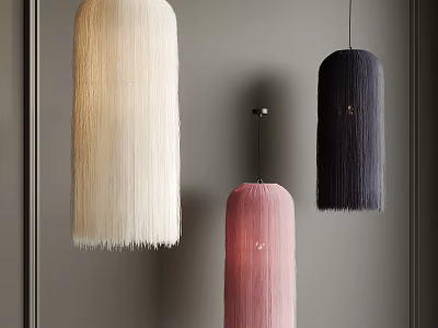 Stylish Fringed Pendant Lights White Pink And Dark Purple Against Gray Wall Interior 3d model