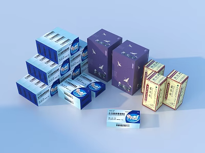 Colorful Household Items Packaging Boxes With Blue Purple And Beige Designs Stacked Together 3d model