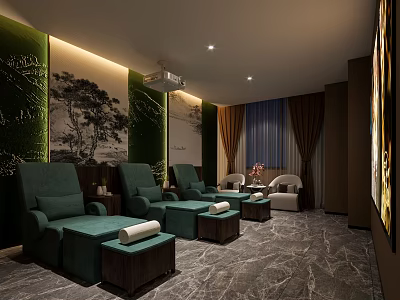 Luxurious SPA Sauna Interior Design With Green Massage Chairs Footstools Decorative Wall Paintings And Curtains 3d model