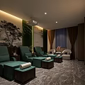 Luxurious SPA Sauna Interior Design With Green Massage Chairs Footstools Decorative Wall Paintings And Curtains