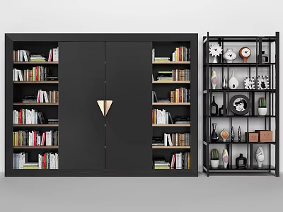 Black Bookcase Featuring Double Doors Open Shelves Golden Accent Books And Ornaments 3d model