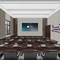 Spacious Meeting Room With Long Table Black Chairs Red Bulletin Board And Blue Slogan