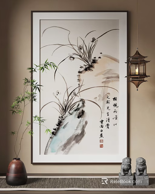 Oriental Ink Wash Plant Painting Featuring Orchids Bamboo and Chinese Decor 3d model 
