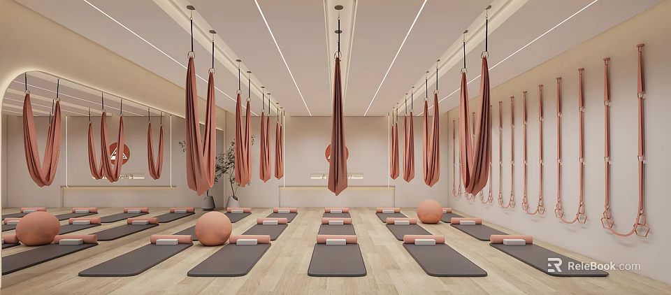 Modern Yoga Fitness Studio Interior With Aerial Hammocks Yoga Mats Exercise Balls And Wooden Floor 3d model 