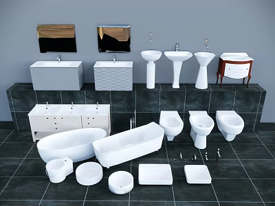 Various Modern Bathroom Washbasins With Bathtubs Toilets Mirrors And Accessories 3d model