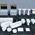 Various Modern Bathroom Washbasins With Bathtubs Toilets Mirrors And Accessories