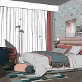Kids Room Interior With Blue Wallpaper Cloud Girl Patterns Striped Headboard Bed And Geometric Rug