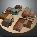 Various Colorful Building Models on Circular Platform with Textured Roofs and Walls