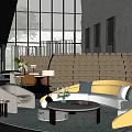 Modern Hotel Lobby with Large Glass Windows Curved Sofa Decorative Wall and Lounge Seating Area