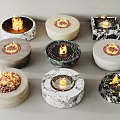 Various Shaped Decorative Fire Pits With Burning Flames And Stone Patterns 3d model