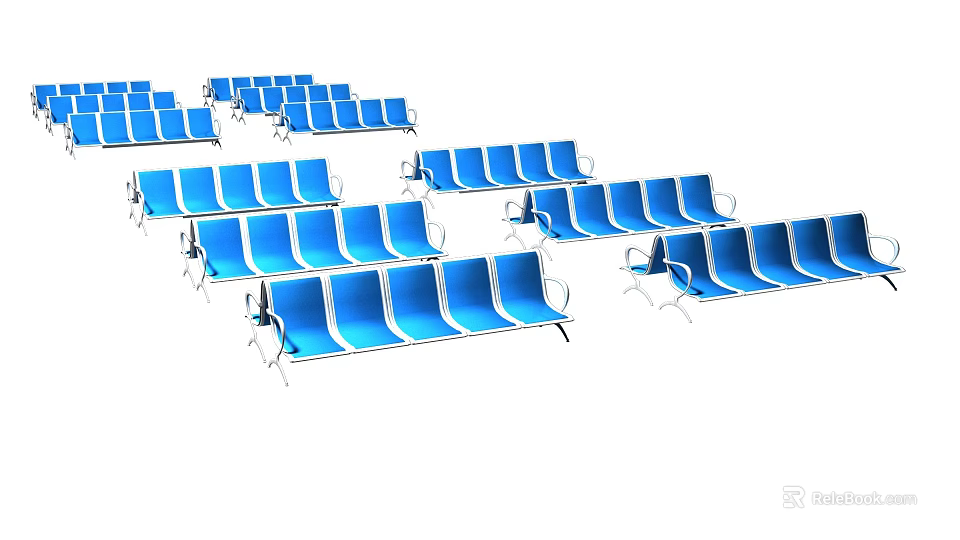 Blue Public Chairs With Metal Frames Arranged In Multiple Rows For Waiting Areas 3d model 