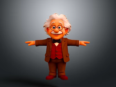 Cartoon Einstein With White Hair Glasses Brown Suit Red Vest Bow Tie And Outstretched Arms 3d model