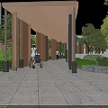 Modern Pergola Design With Wooden Beams Greenery And Pedestrians On Stone Walkway