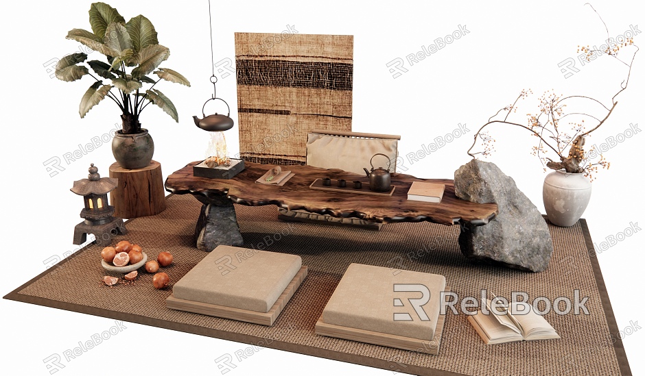 Quiet Chinese and Ancient Style Tatami Tea Table and Chair Large Board Tea Table Green Plant Potted Plant Hanging Painting Stone Cushion Chair model