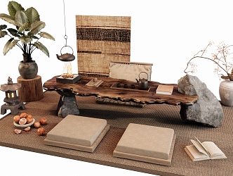 Quiet Chinese and Ancient Style Tatami Tea Table and Chair Large Board Tea Table Green Plant Potted Plant Hanging Painting Stone Cushion Chair 3d model